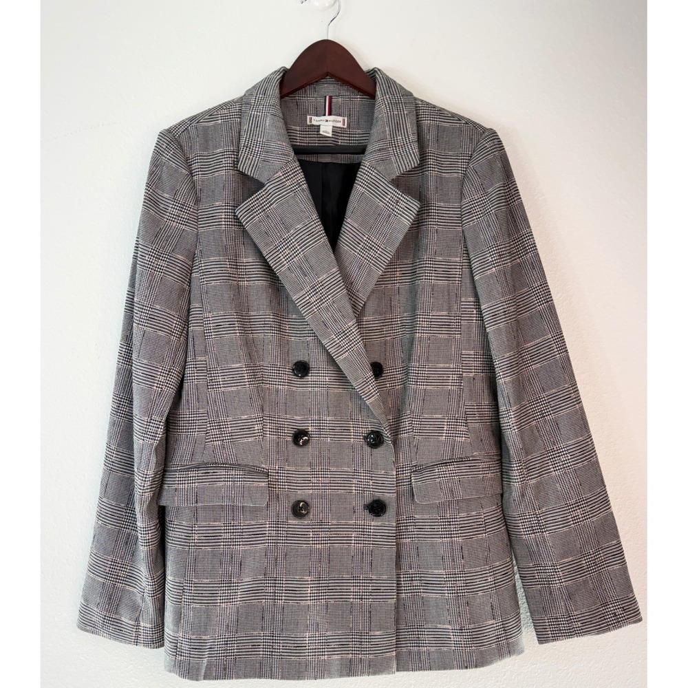 Tommy Hilfiger Blazer Double Breasted Plaid Viscose Grey Pink Academia Career